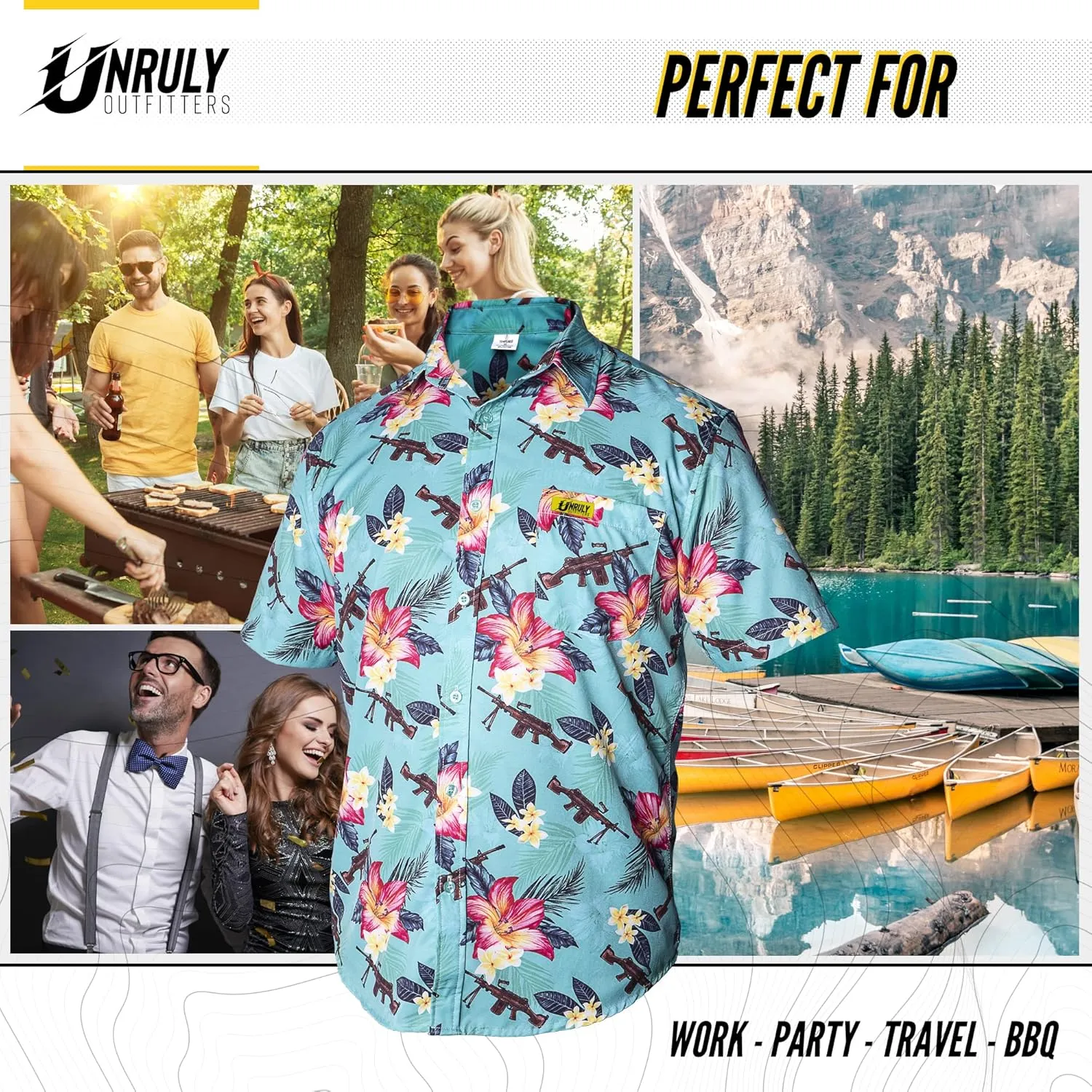 Hawaiian Shirt for Men Green M249 Button Down Shirts Men Novelty Funny Flower Weapons Shirts with Guns