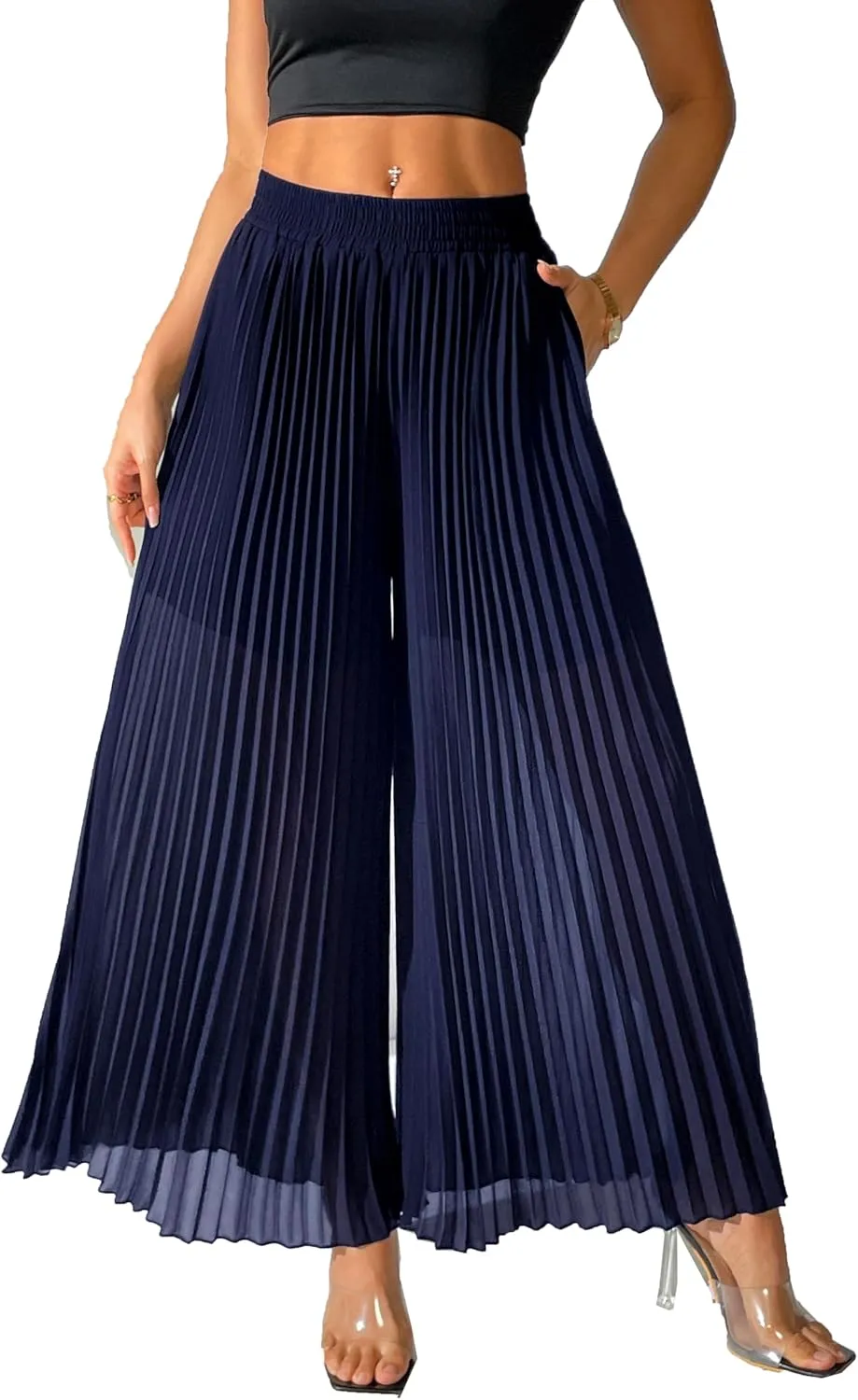 heipeiwa Women's Chiffon Pleated Wide Leg Palazzo Pants Crop Capris Culotte Dressy Casual Pants