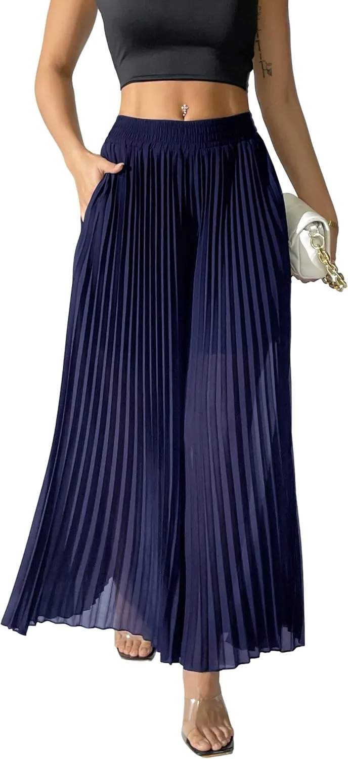 heipeiwa Women's Chiffon Pleated Wide Leg Palazzo Pants Crop Capris Culotte Dressy Casual Pants