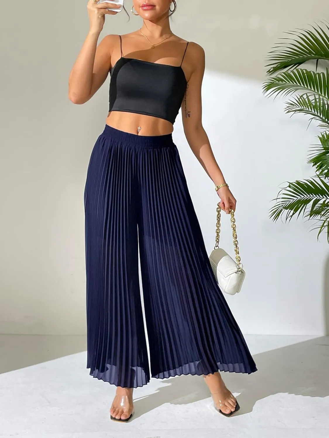 heipeiwa Women's Chiffon Pleated Wide Leg Palazzo Pants Crop Capris Culotte Dressy Casual Pants