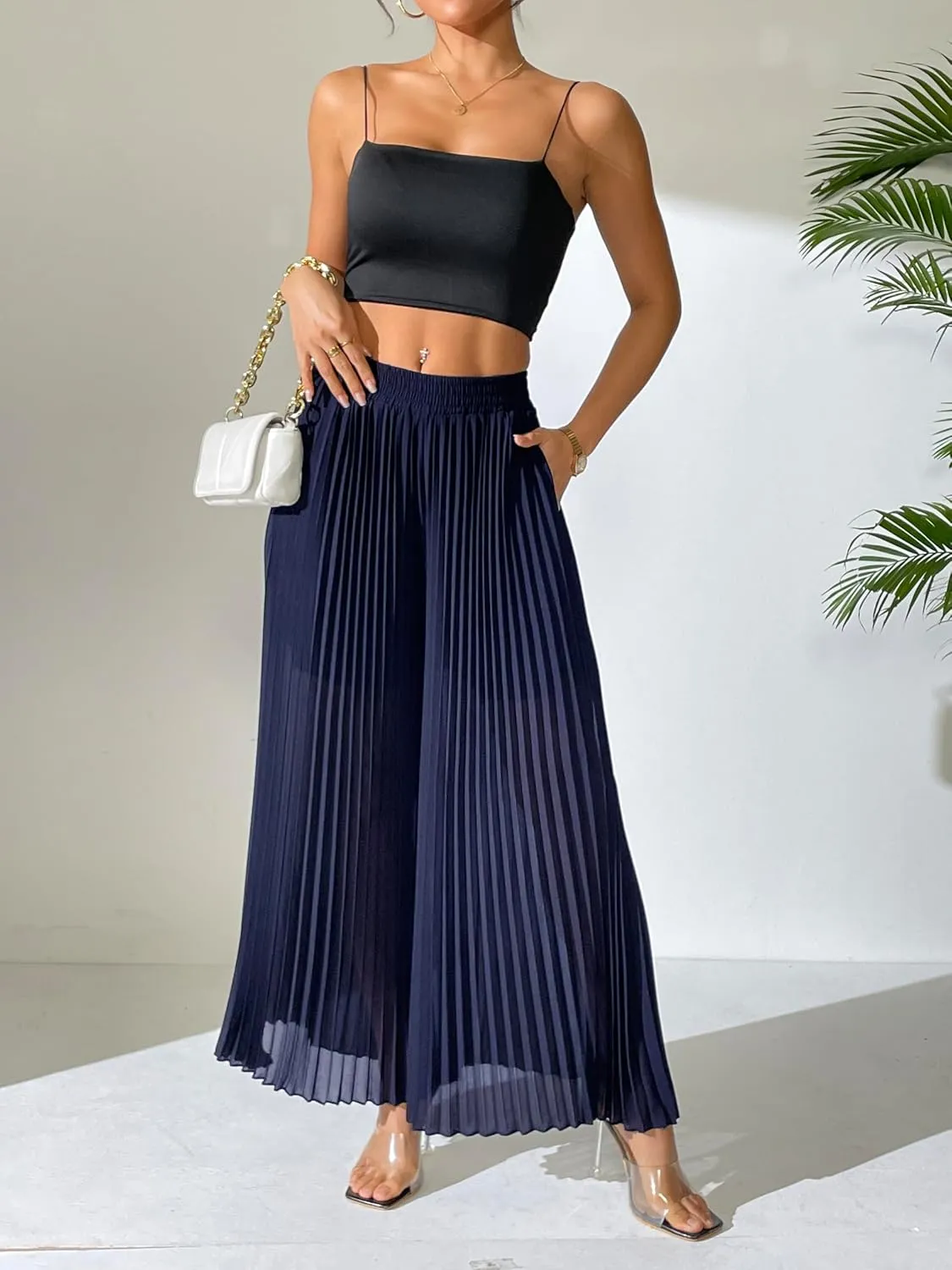 heipeiwa Women's Chiffon Pleated Wide Leg Palazzo Pants Crop Capris Culotte Dressy Casual Pants