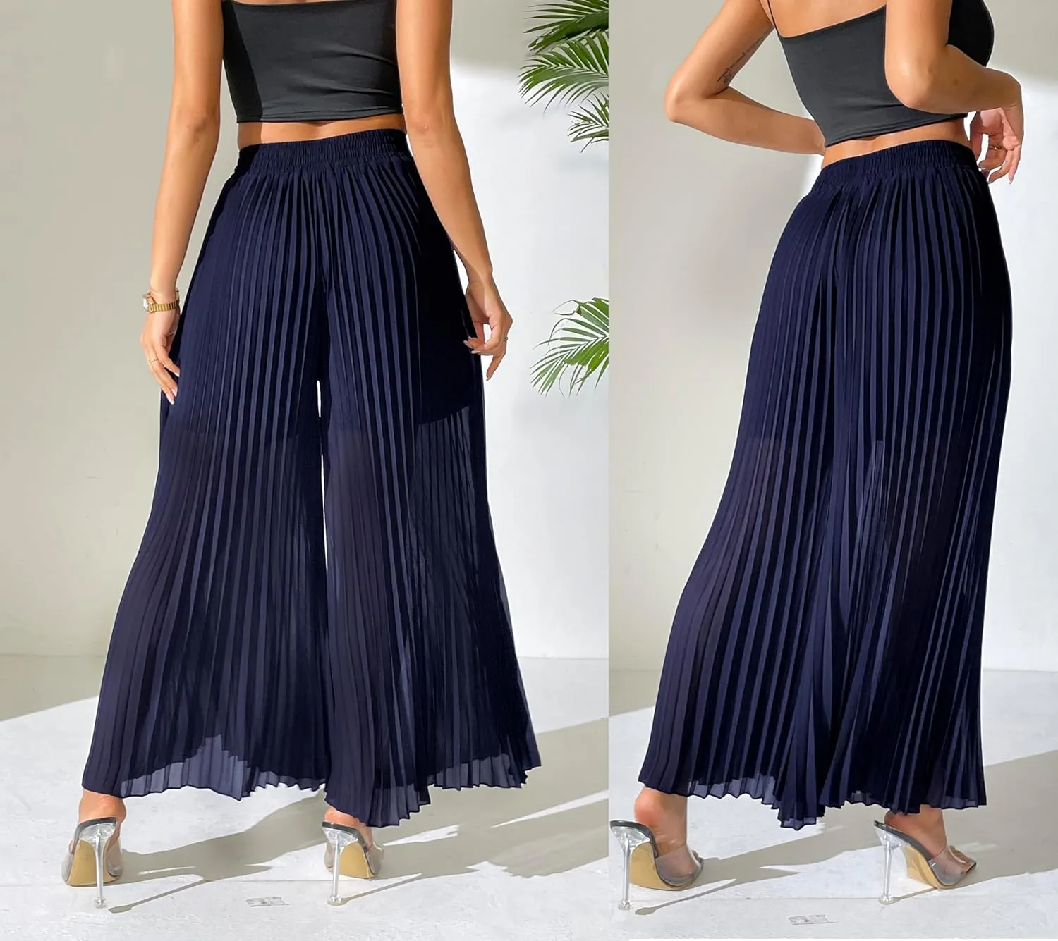 heipeiwa Women's Chiffon Pleated Wide Leg Palazzo Pants Crop Capris Culotte Dressy Casual Pants