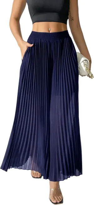 heipeiwa Women's Chiffon Pleated Wide Leg Palazzo Pants Crop Capris Culotte Dressy Casual Pants