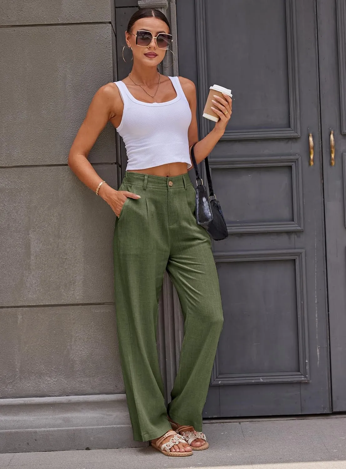 heipeiwa Women's Linen Casual High Waist Wide Leg Straight Dress Cotton Linen Pants Button Trousers