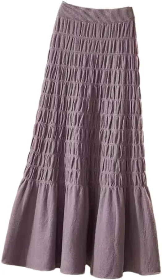 Hndudnff Women Solid Knit Pleated Skirt Office Thickening Warm Long Skirt A-Line Swing Midi Skirt
