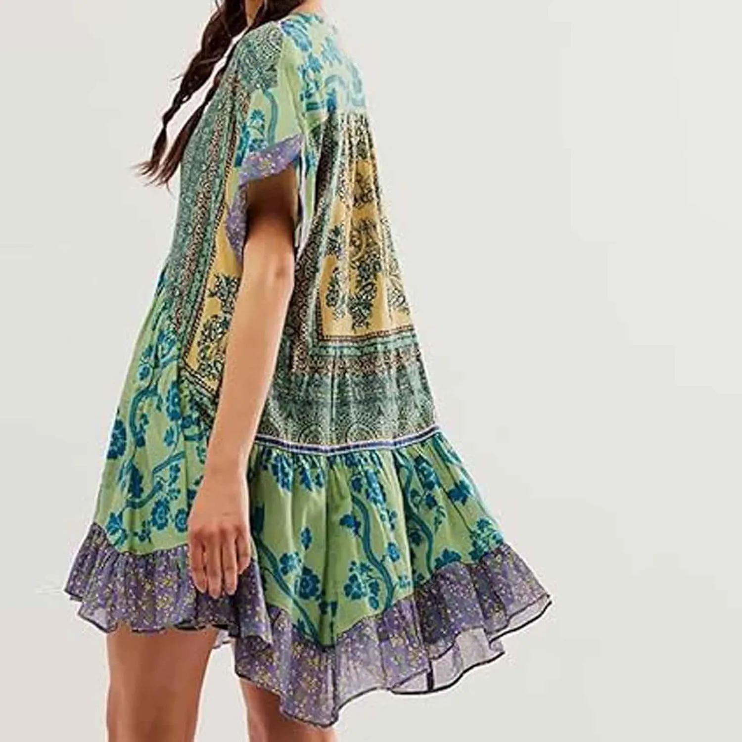 Hot Short Mini Dress Babydoll Dresses for Women Boho Y2K Summer Dress Flowy Deep V Neck Floral Sundresses