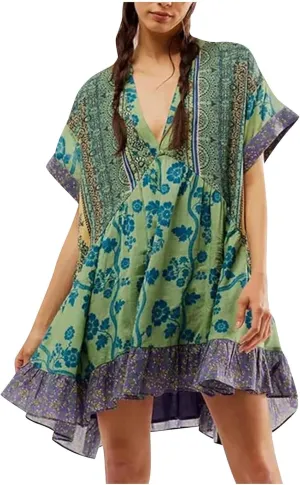 Hot Short Mini Dress Babydoll Dresses for Women Boho Y2K Summer Dress Flowy Deep V Neck Floral Sundresses