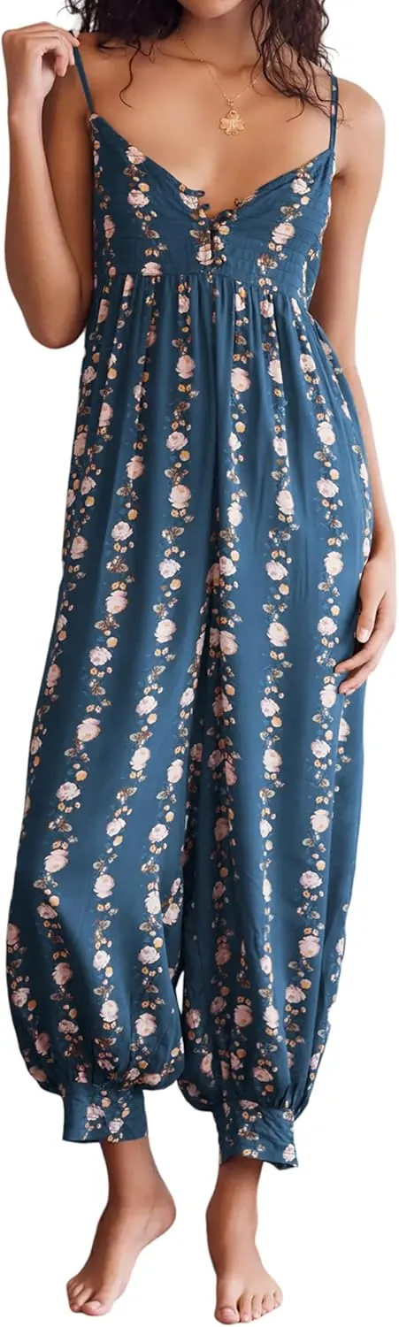 Huaqiao Women Loose Sleeveless Jumpsuits Spaghetti Strap Harem Overalls Boho Summer Floral Print Rompers