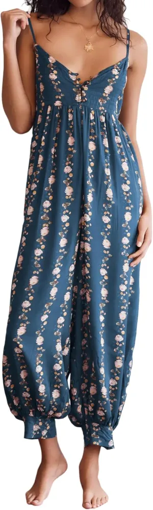 Huaqiao Women Loose Sleeveless Jumpsuits Spaghetti Strap Harem Overalls Boho Summer Floral Print Rompers