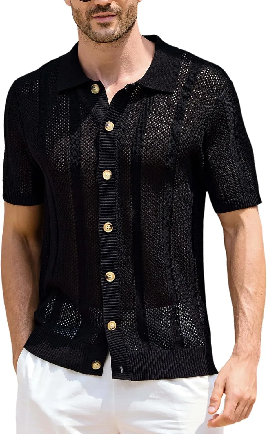 Kallspin Men's Button Down Polo Shirt Casual Summer Beach Knit Shirts Textured Cotton Polo Cardigan