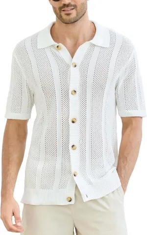 Kallspin Men's Button Down Polo Shirt Casual Summer Beach Knit Shirts Textured Cotton Polo Cardigan