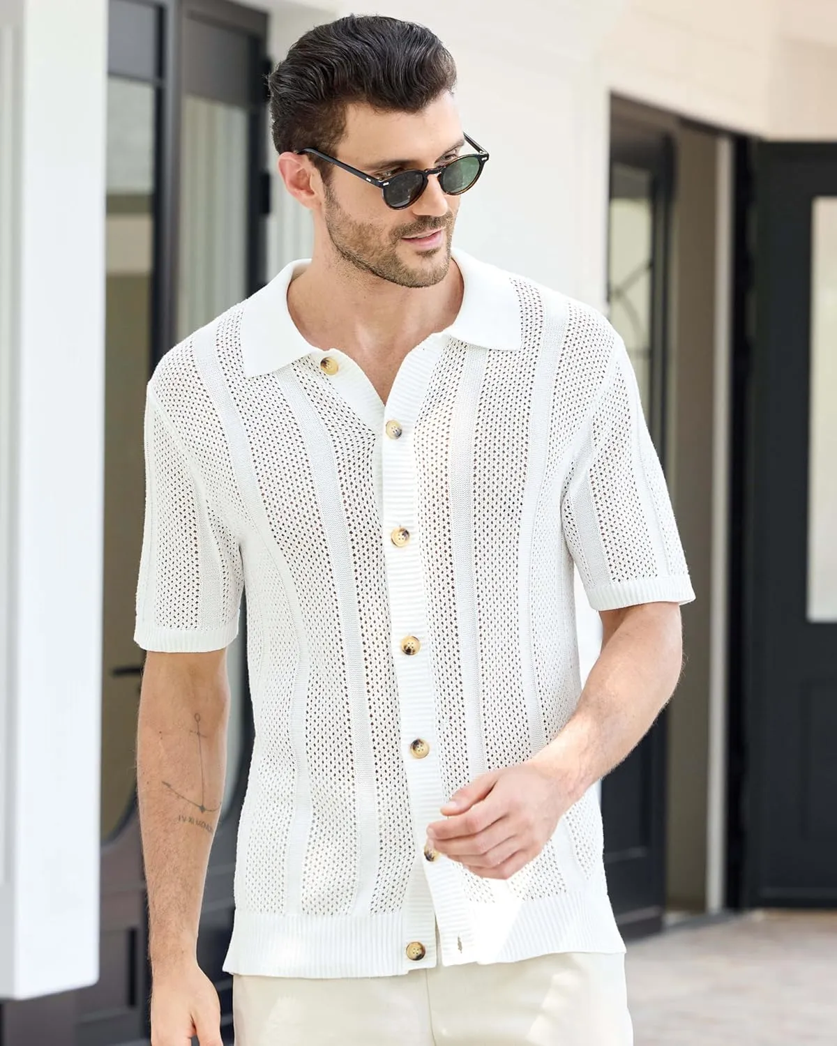 Kallspin Men's Button Down Polo Shirt Casual Summer Beach Knit Shirts Textured Cotton Polo Cardigan
