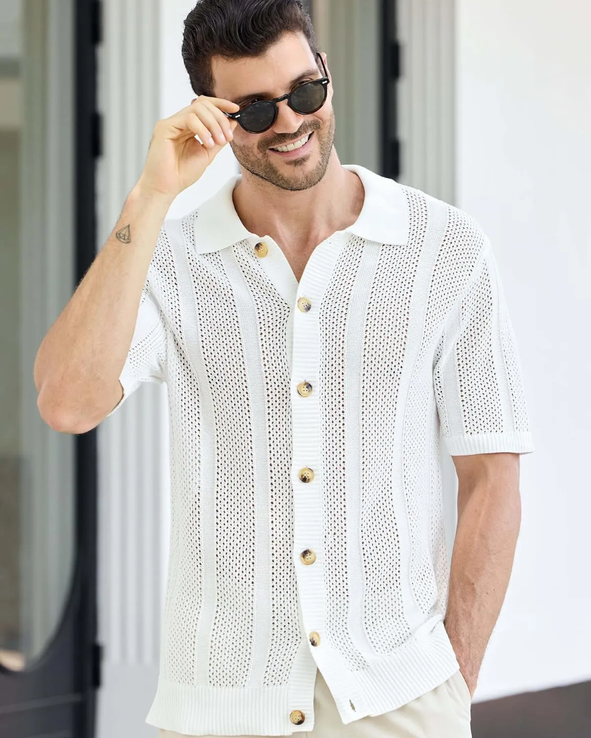 Kallspin Men's Button Down Polo Shirt Casual Summer Beach Knit Shirts Textured Cotton Polo Cardigan