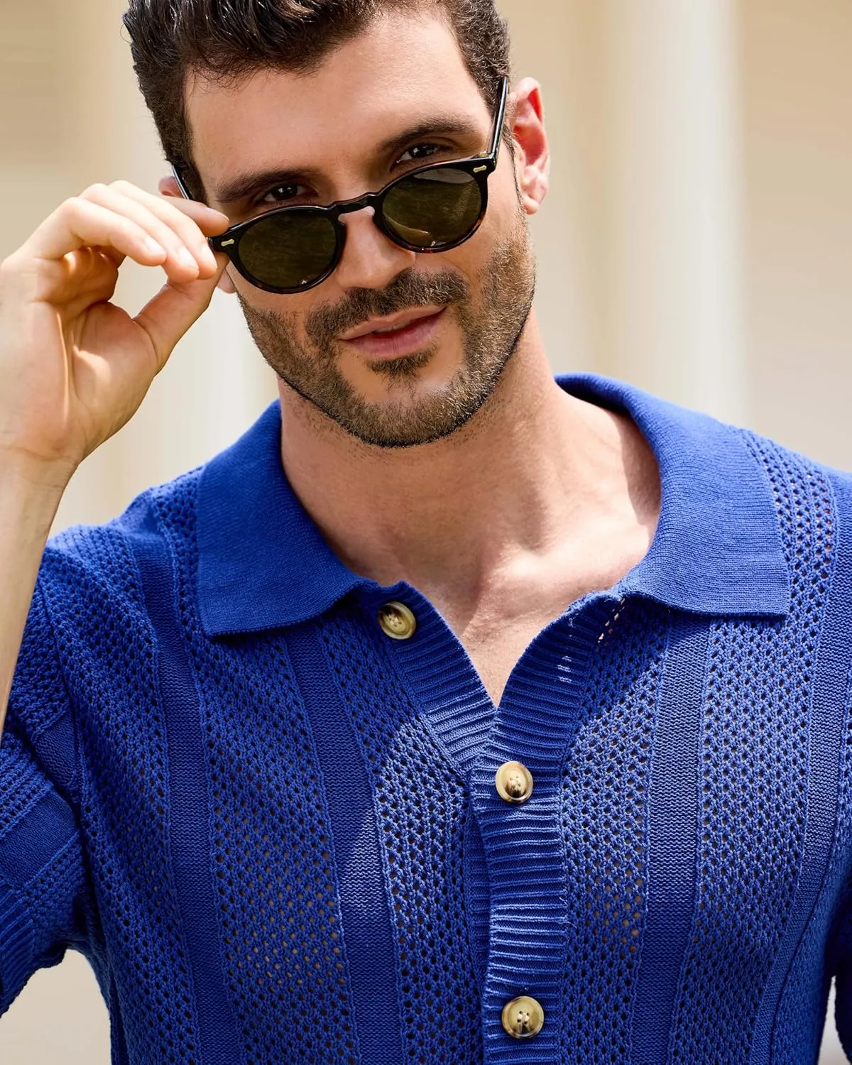 Kallspin Men's Button Down Polo Shirt Casual Summer Beach Knit Shirts Textured Cotton Polo Cardigan