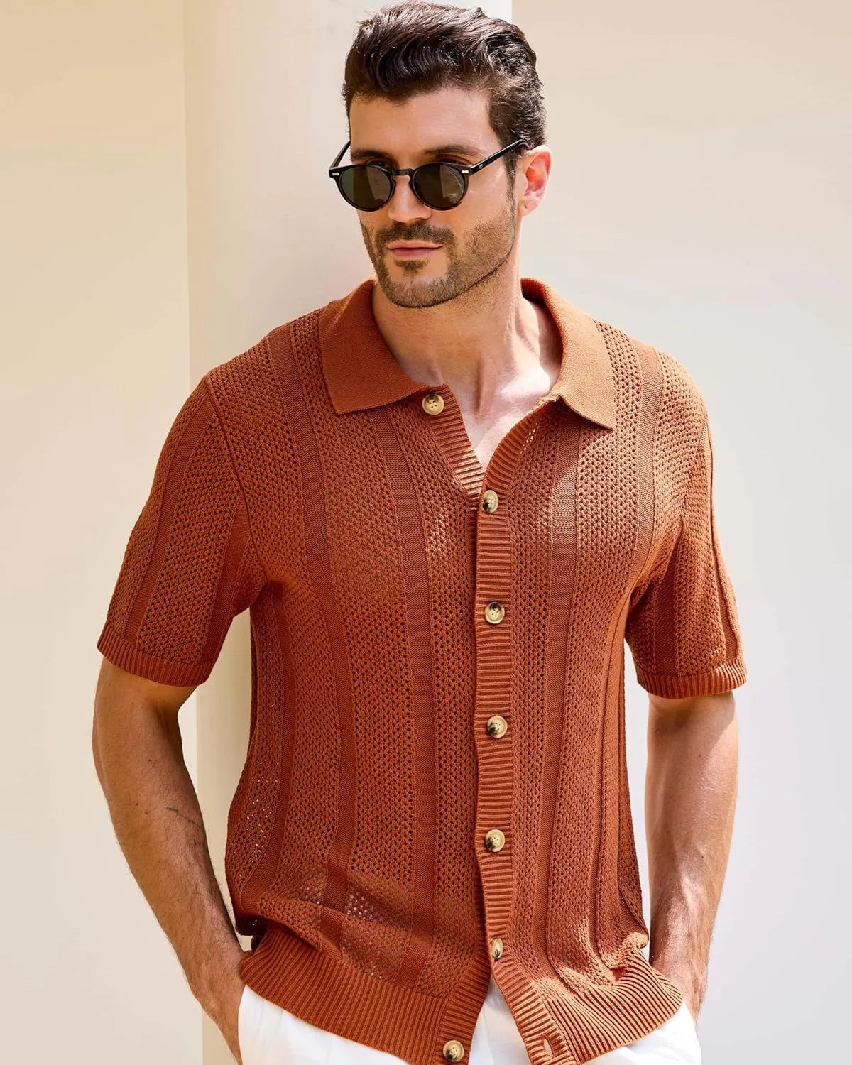Kallspin Men's Button Down Polo Shirt Casual Summer Beach Knit Shirts Textured Cotton Polo Cardigan