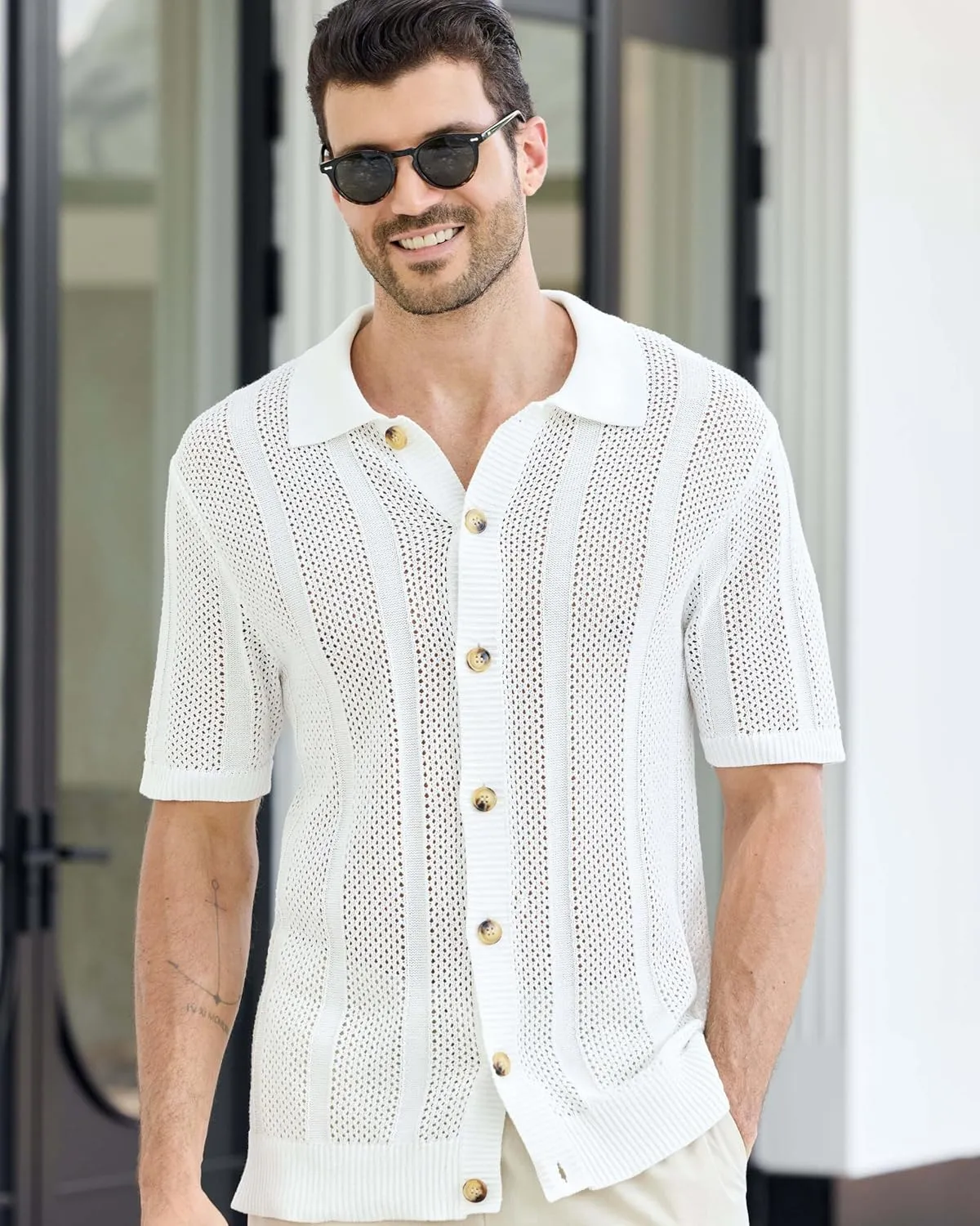 Kallspin Men's Button Down Polo Shirt Casual Summer Beach Knit Shirts Textured Cotton Polo Cardigan