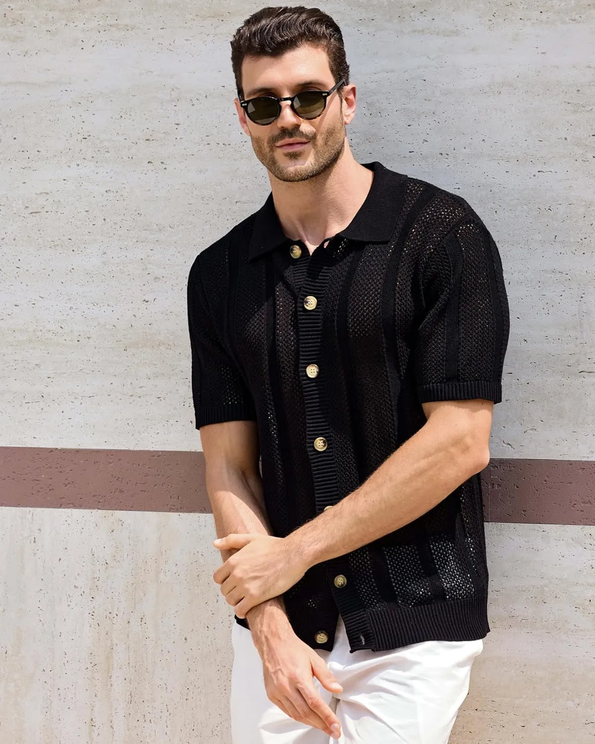 Kallspin Men's Button Down Polo Shirt Casual Summer Beach Knit Shirts Textured Cotton Polo Cardigan