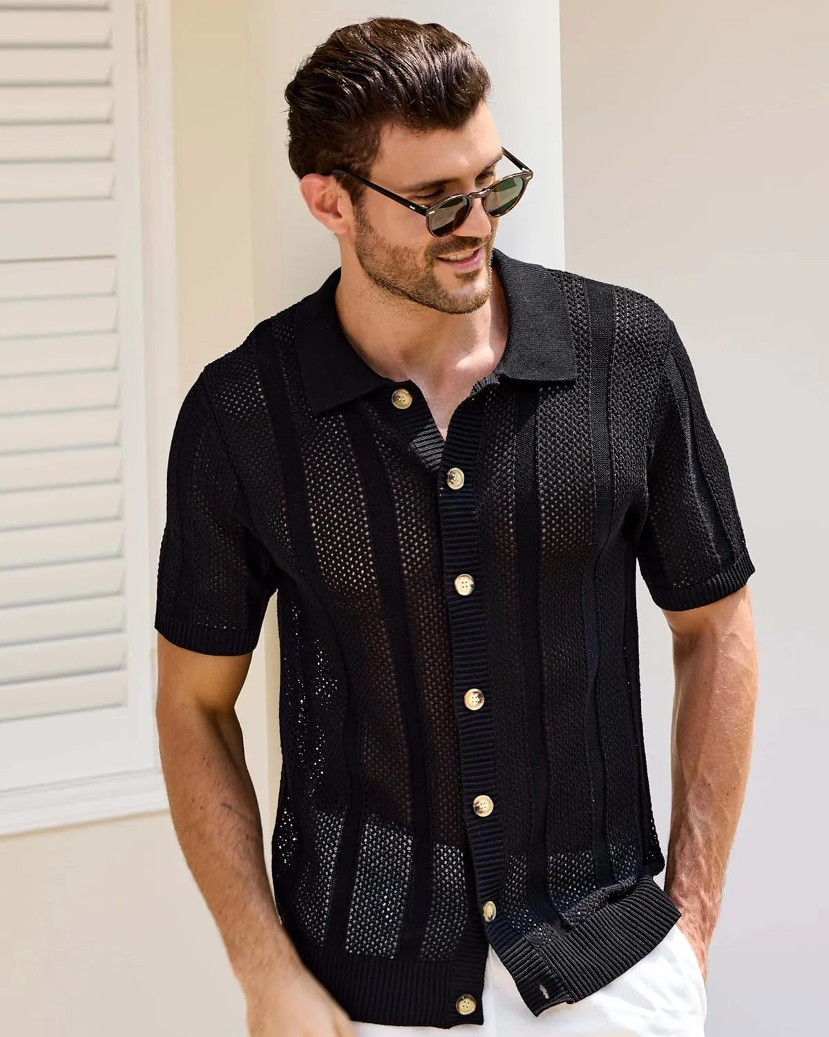 Kallspin Men's Button Down Polo Shirt Casual Summer Beach Knit Shirts Textured Cotton Polo Cardigan