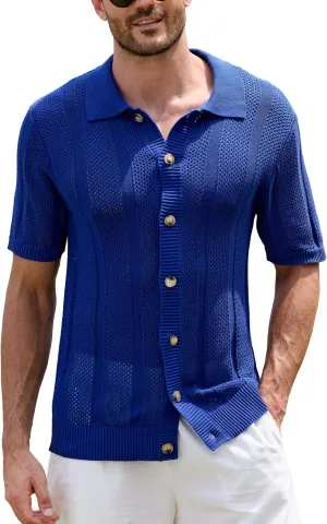 Kallspin Men's Button Down Polo Shirt Casual Summer Beach Knit Shirts Textured Cotton Polo Cardigan