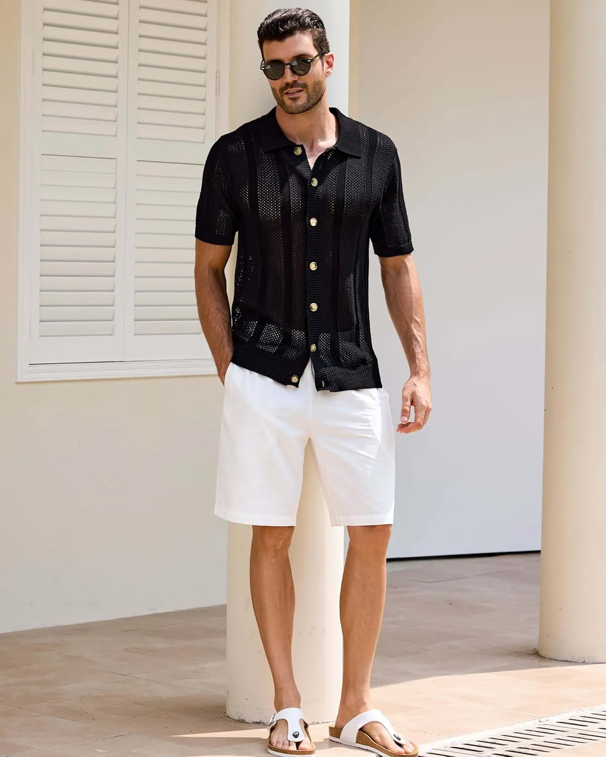 Kallspin Men's Button Down Polo Shirt Casual Summer Beach Knit Shirts Textured Cotton Polo Cardigan