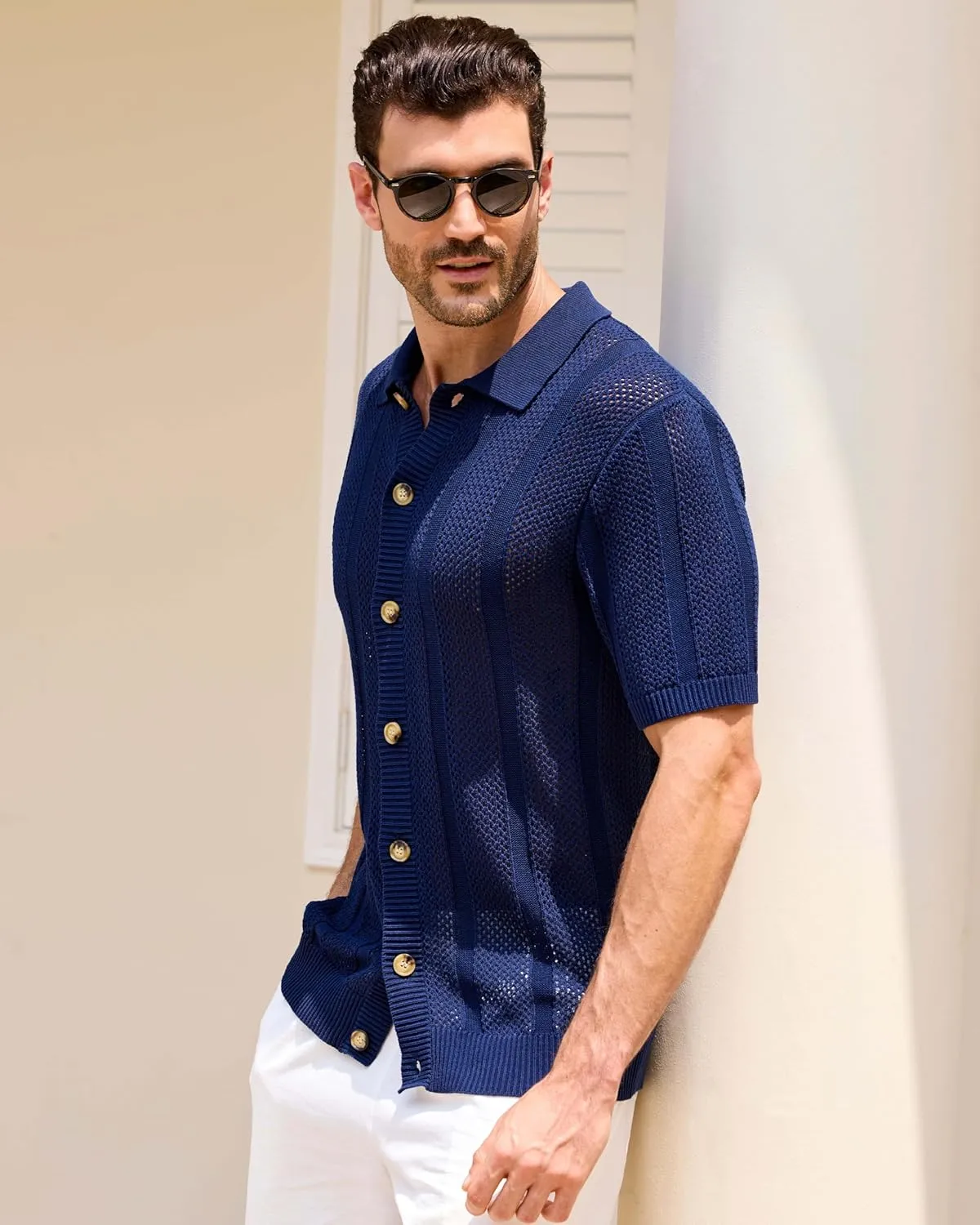 Kallspin Men's Button Down Polo Shirt Casual Summer Beach Knit Shirts Textured Cotton Polo Cardigan