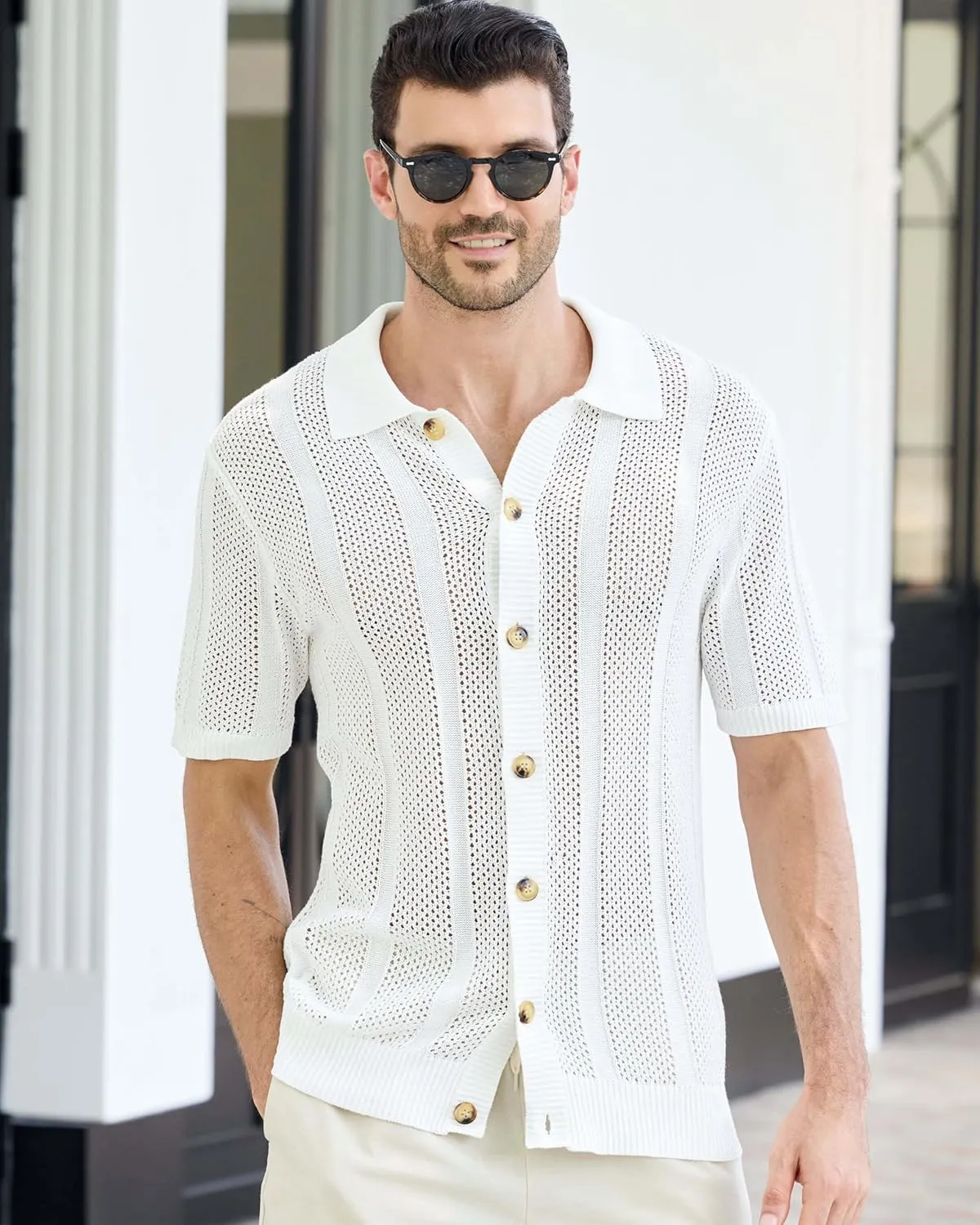 Kallspin Men's Button Down Polo Shirt Casual Summer Beach Knit Shirts Textured Cotton Polo Cardigan