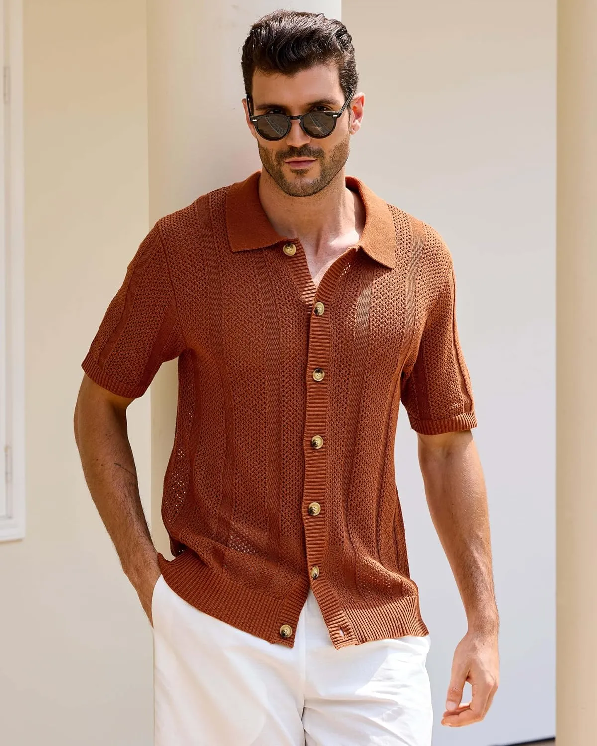 Kallspin Men's Button Down Polo Shirt Casual Summer Beach Knit Shirts Textured Cotton Polo Cardigan