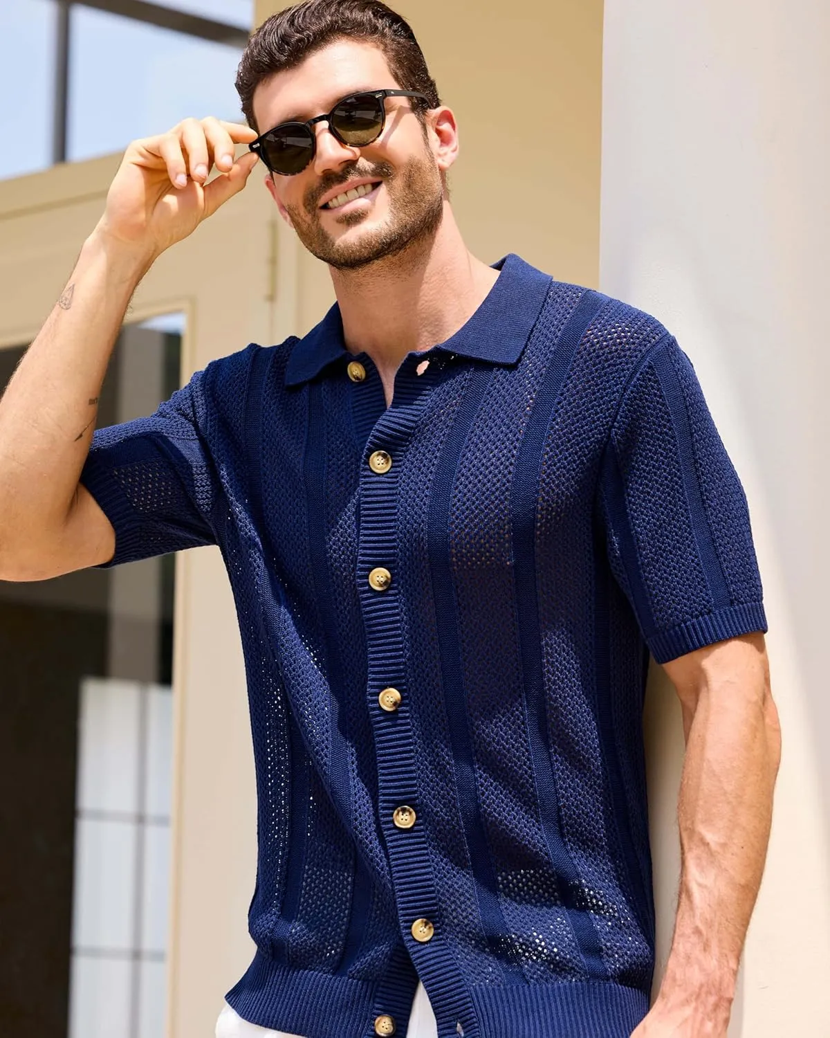 Kallspin Men's Button Down Polo Shirt Casual Summer Beach Knit Shirts Textured Cotton Polo Cardigan