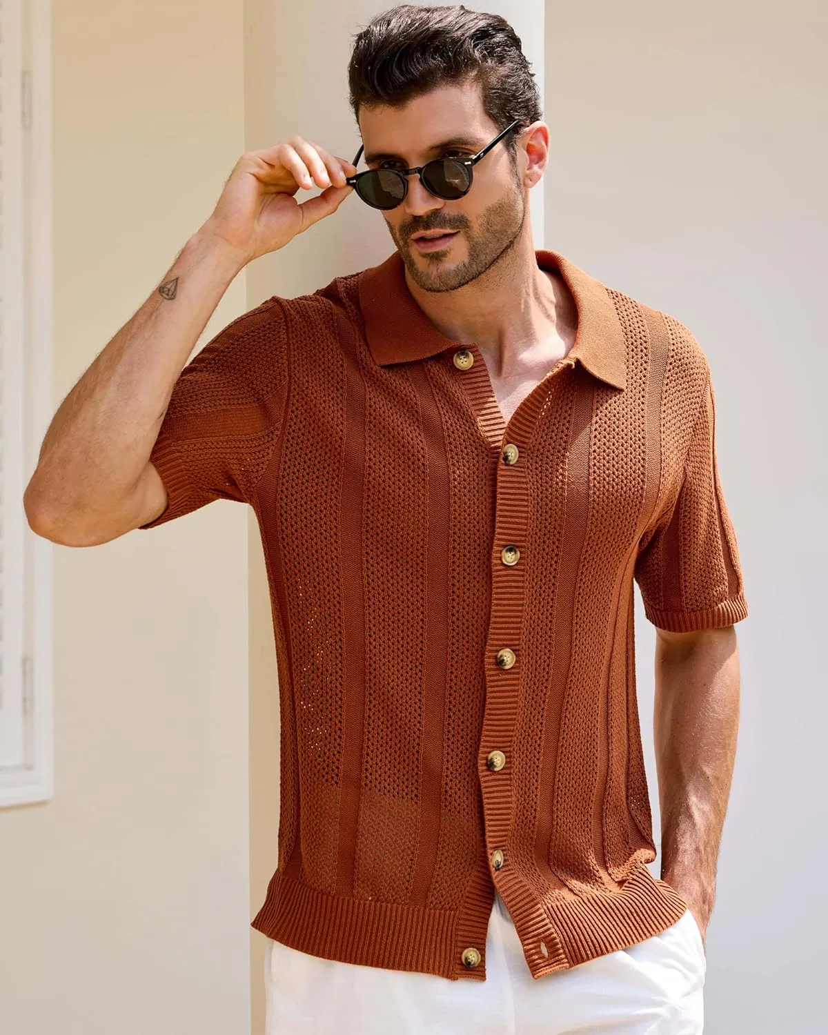Kallspin Men's Button Down Polo Shirt Casual Summer Beach Knit Shirts Textured Cotton Polo Cardigan