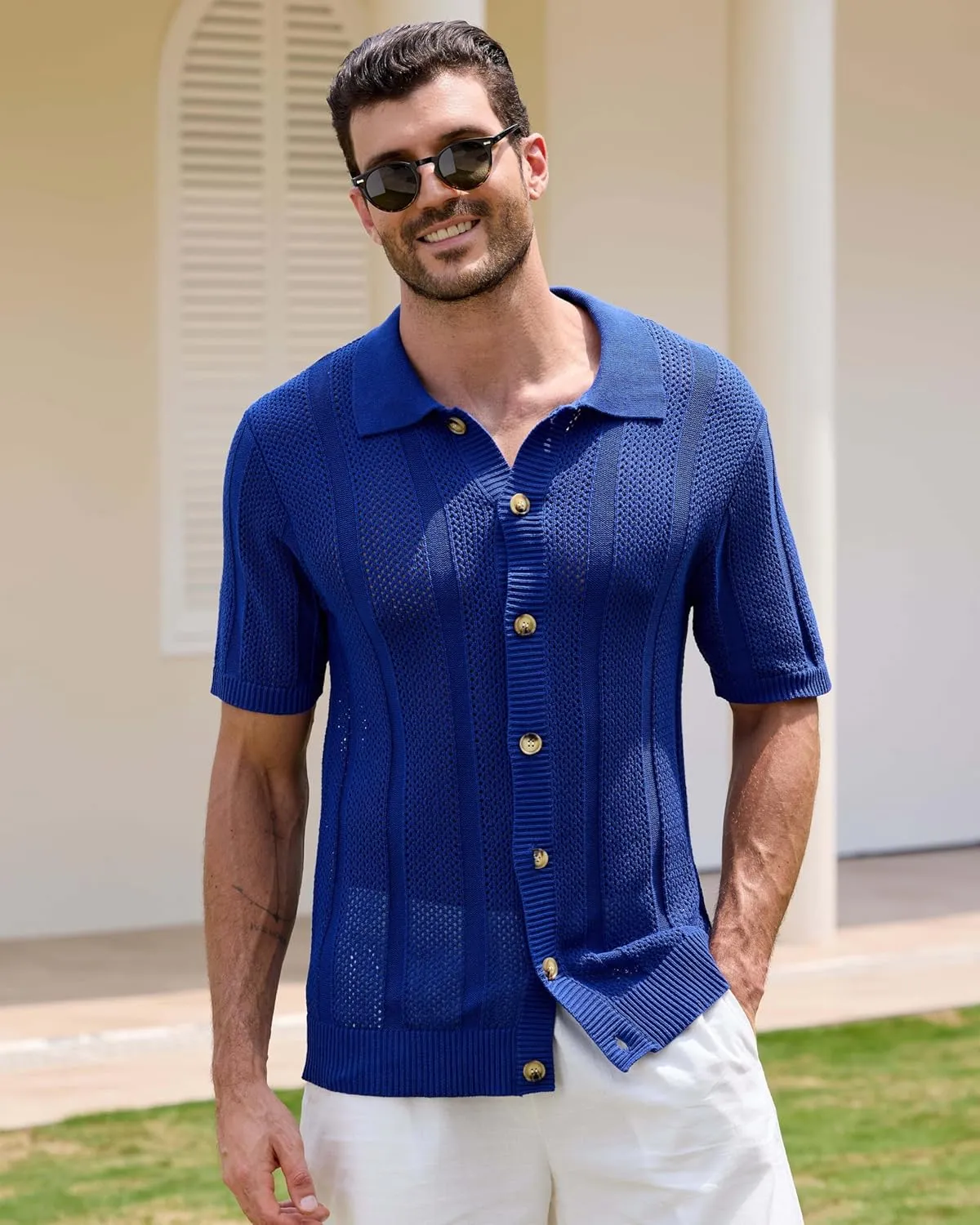 Kallspin Men's Button Down Polo Shirt Casual Summer Beach Knit Shirts Textured Cotton Polo Cardigan