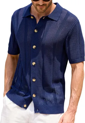 Kallspin Men's Button Down Polo Shirt Casual Summer Beach Knit Shirts Textured Cotton Polo Cardigan