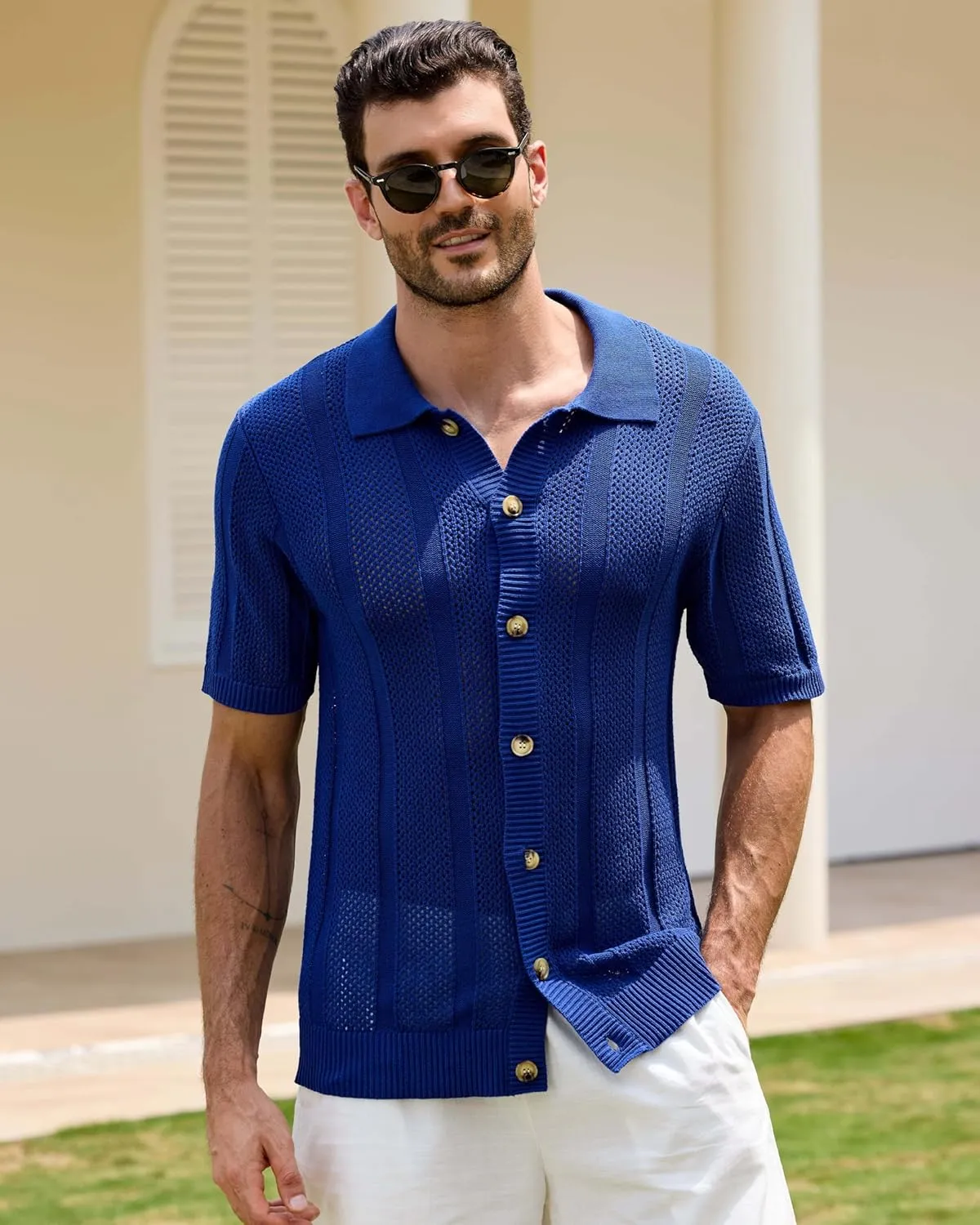 Kallspin Men's Button Down Polo Shirt Casual Summer Beach Knit Shirts Textured Cotton Polo Cardigan
