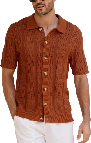 Kallspin Men's Button Down Polo Shirt Casual Summer Beach Knit Shirts Textured Cotton Polo Cardigan