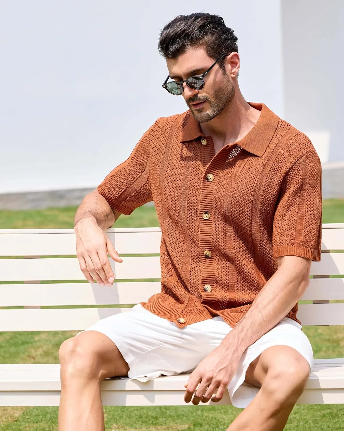Kallspin Men's Button Down Polo Shirt Casual Summer Beach Knit Shirts Textured Cotton Polo Cardigan