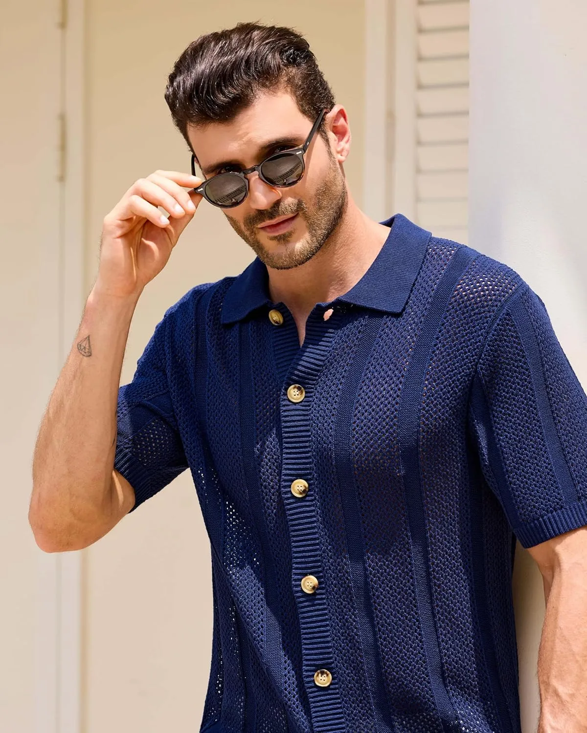 Kallspin Men's Button Down Polo Shirt Casual Summer Beach Knit Shirts Textured Cotton Polo Cardigan