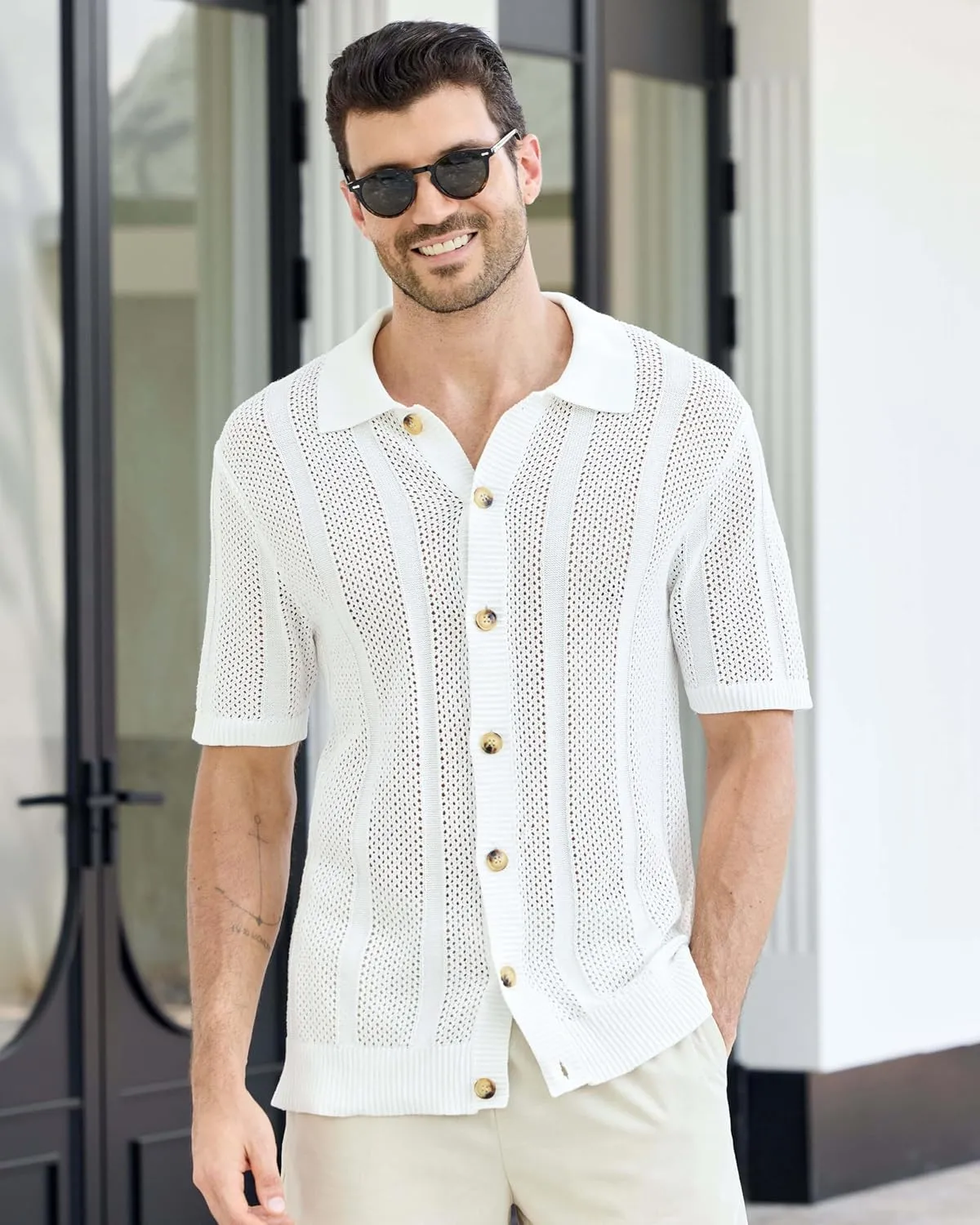 Kallspin Men's Button Down Polo Shirt Casual Summer Beach Knit Shirts Textured Cotton Polo Cardigan