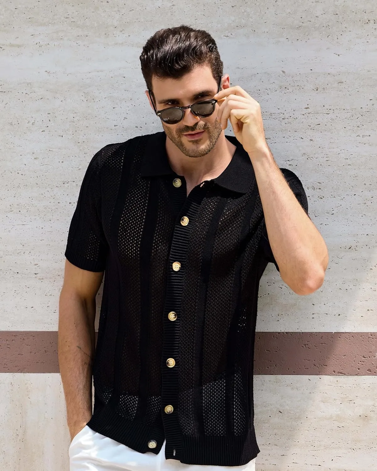 Kallspin Men's Button Down Polo Shirt Casual Summer Beach Knit Shirts Textured Cotton Polo Cardigan