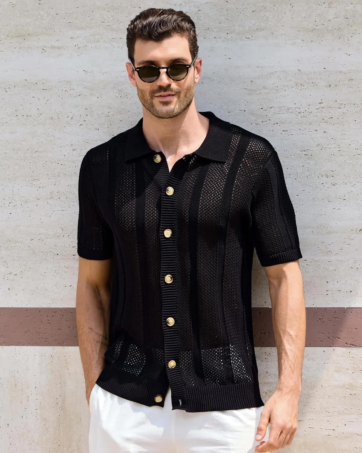 Kallspin Men's Button Down Polo Shirt Casual Summer Beach Knit Shirts Textured Cotton Polo Cardigan