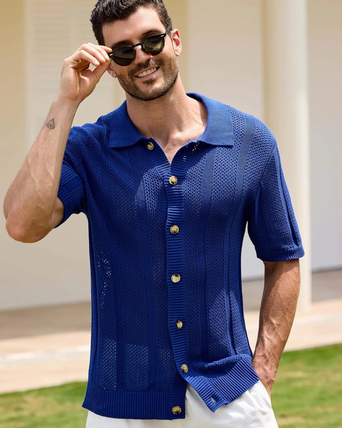 Kallspin Men's Button Down Polo Shirt Casual Summer Beach Knit Shirts Textured Cotton Polo Cardigan