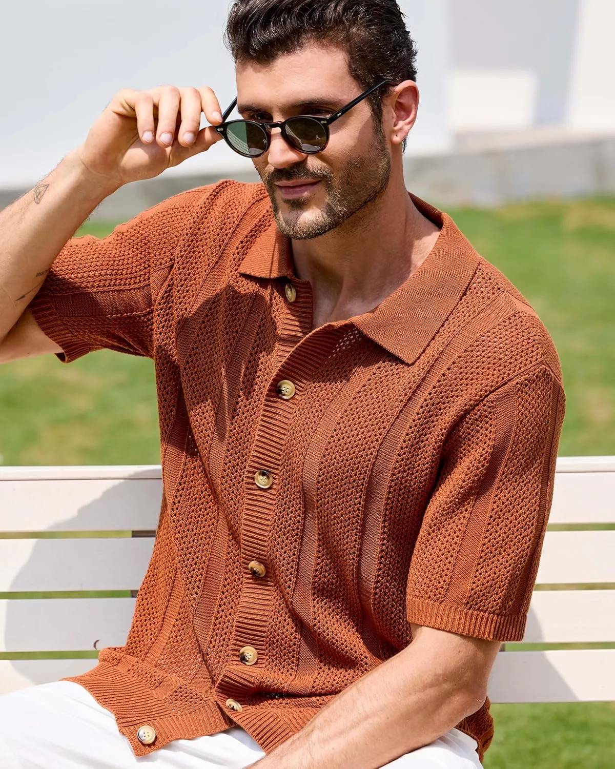 Kallspin Men's Button Down Polo Shirt Casual Summer Beach Knit Shirts Textured Cotton Polo Cardigan
