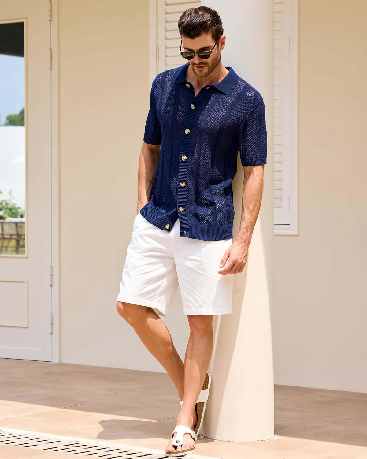 Kallspin Men's Button Down Polo Shirt Casual Summer Beach Knit Shirts Textured Cotton Polo Cardigan
