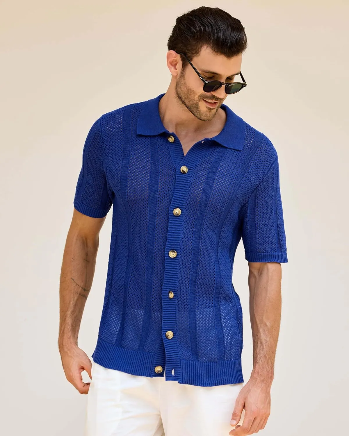 Kallspin Men's Button Down Polo Shirt Casual Summer Beach Knit Shirts Textured Cotton Polo Cardigan