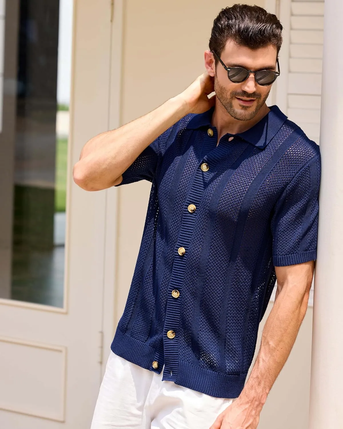 Kallspin Men's Button Down Polo Shirt Casual Summer Beach Knit Shirts Textured Cotton Polo Cardigan