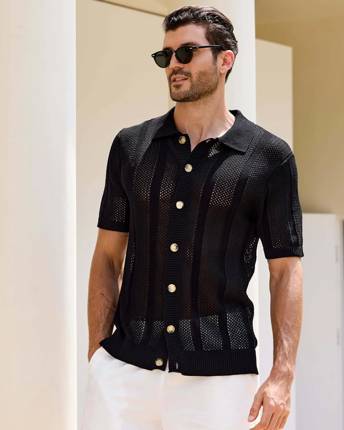 Kallspin Men's Button Down Polo Shirt Casual Summer Beach Knit Shirts Textured Cotton Polo Cardigan
