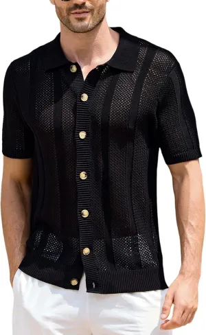 Kallspin Men's Button Down Polo Shirt Casual Summer Beach Knit Shirts Textured Cotton Polo Cardigan