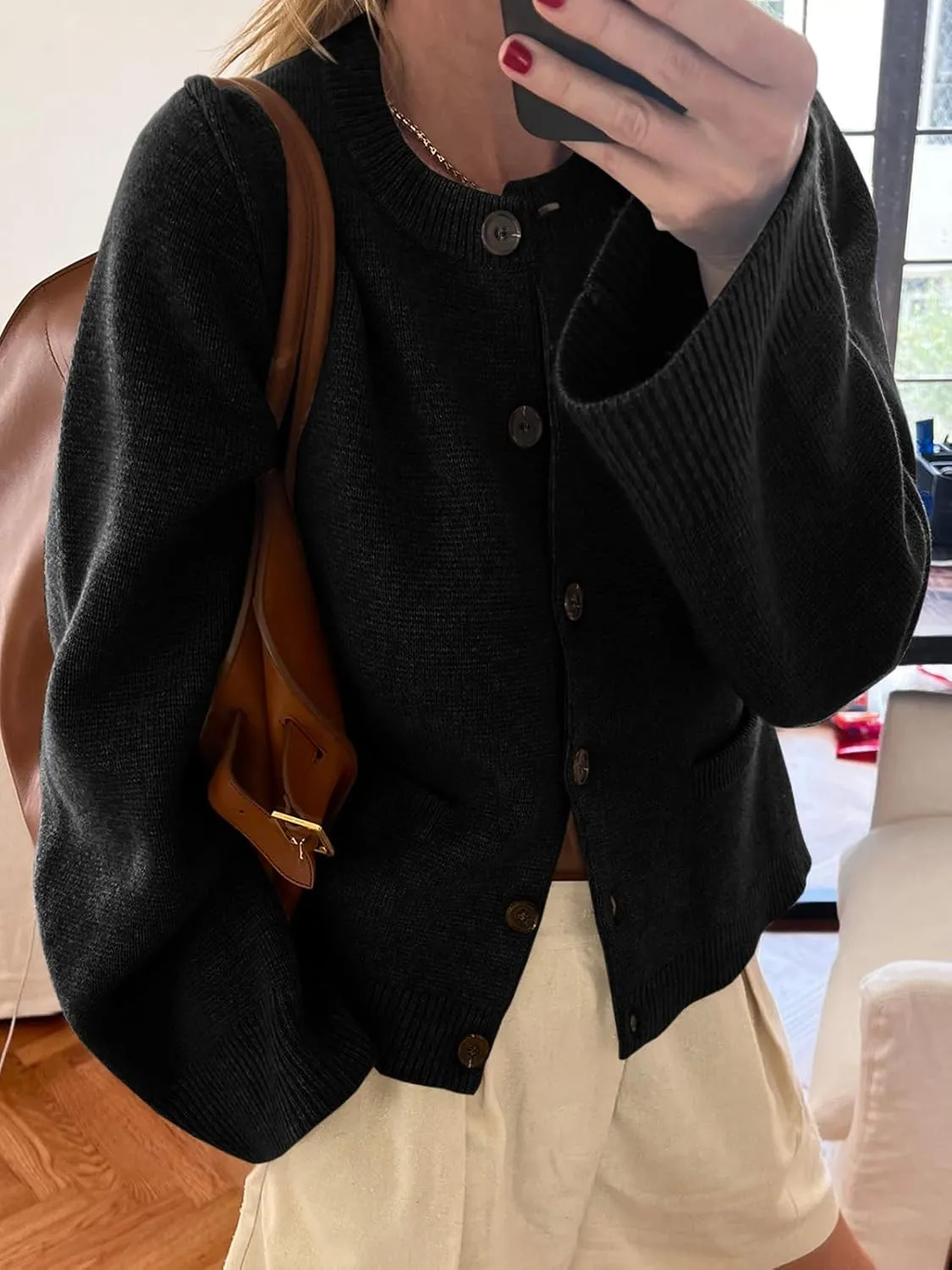 Langwyqu Womens Button Down Cardigan Sweaters Open Front Long Sleeve Slim Fit Sweater Coat Winter Solid Outwear with Pockets