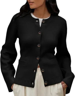 Langwyqu Womens Button Down Cardigan Sweaters Open Front Long Sleeve Slim Fit Sweater Coat Winter Solid Outwear with Pockets