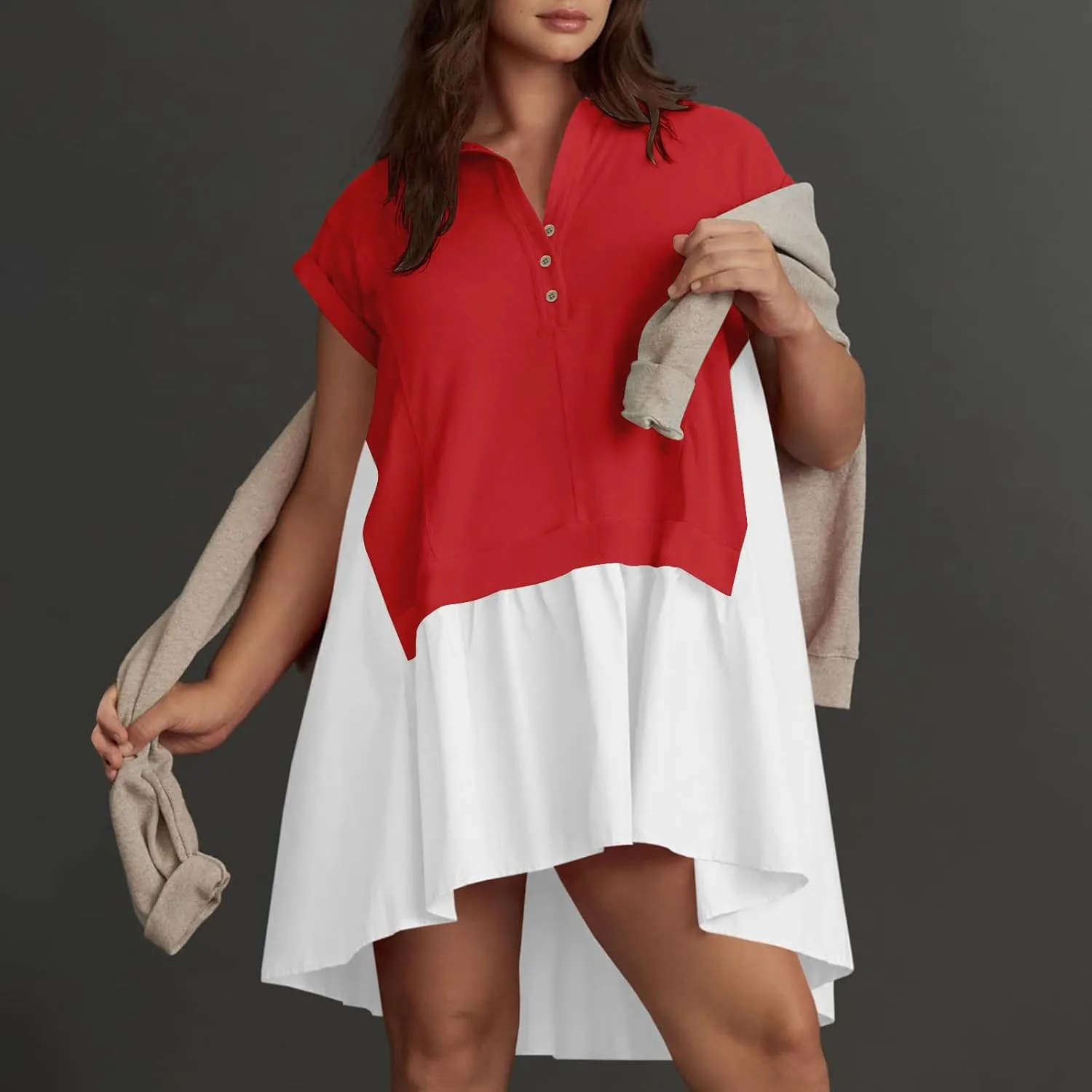LEMONONSTORE Summer T Shirt Dress for Women Roll-Up Sleeve Ruffle Tunic Dress Button Lapel Neck Patchwork Party Mini Dresses