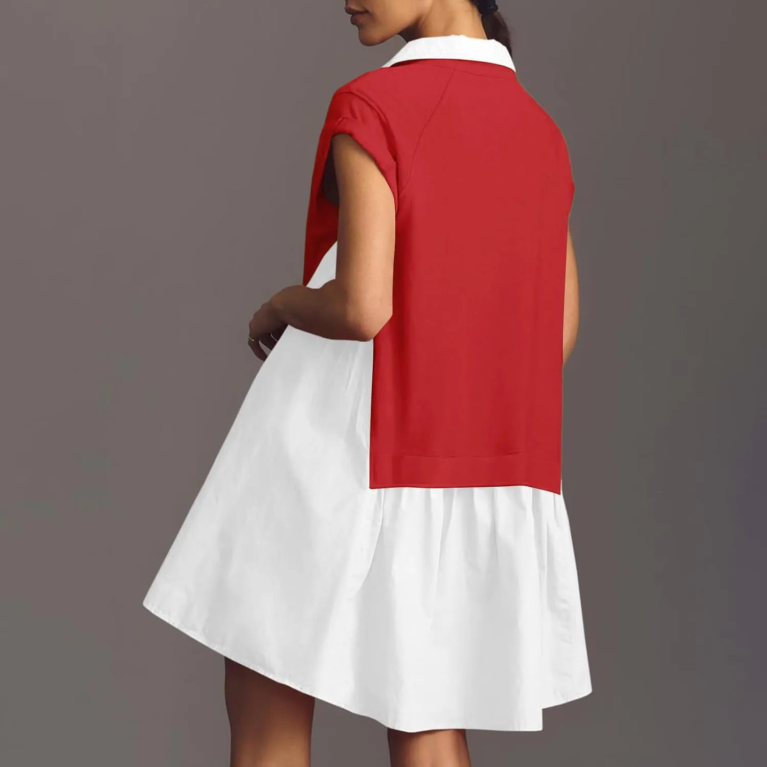 LEMONONSTORE Summer T Shirt Dress for Women Roll-Up Sleeve Ruffle Tunic Dress Button Lapel Neck Patchwork Party Mini Dresses