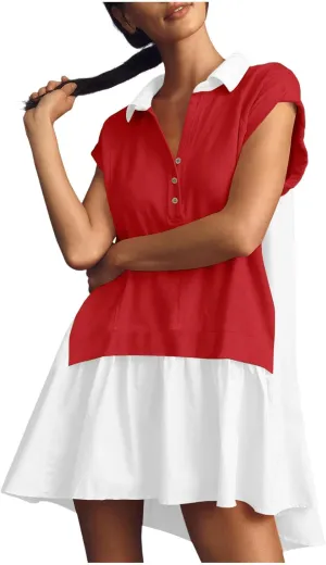 LEMONONSTORE Summer T Shirt Dress for Women Roll-Up Sleeve Ruffle Tunic Dress Button Lapel Neck Patchwork Party Mini Dresses